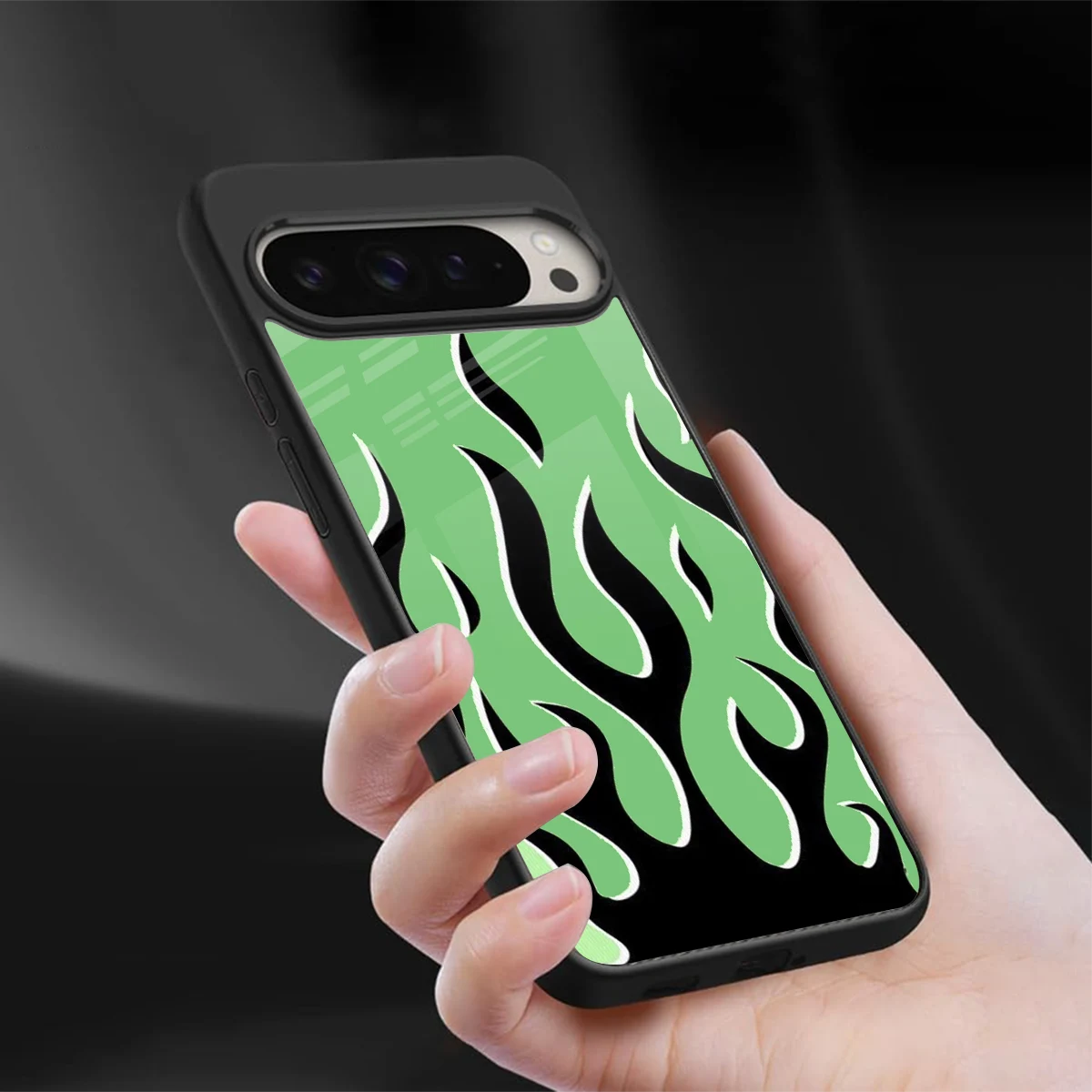 Y2K Retro Green Flames sleek google pixel 9 pro cover with tempered glass back and TPU edges