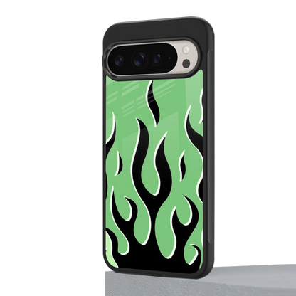 Y2K Retro Green Flames google pixel 9 pro mobile cover | shockproof glass phone case