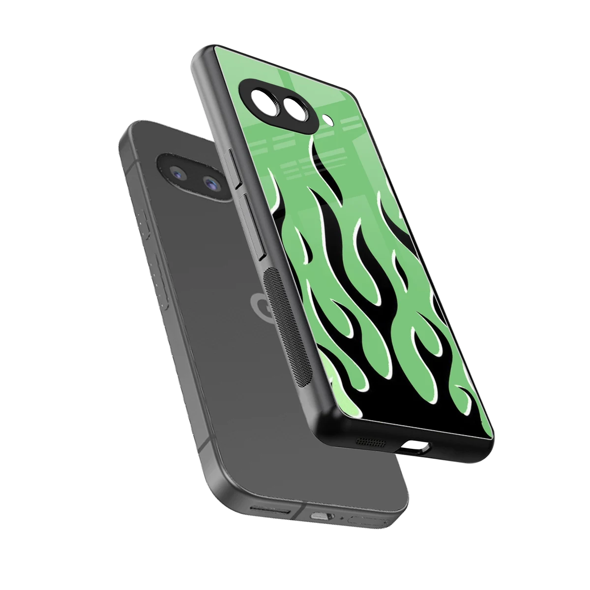 Y2K Retro Green Flames sleek google pixel 9a cover with tempered glass back and TPU edges