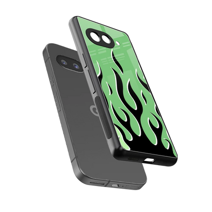 Y2K Retro Green Flames sleek google pixel 9a cover with tempered glass back and TPU edges