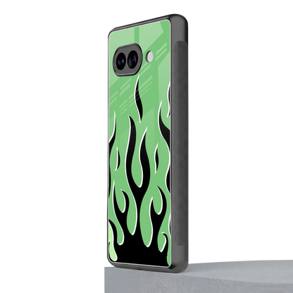 Y2K Retro Green Flames google pixel 9a mobile cover | shockproof glass phone case