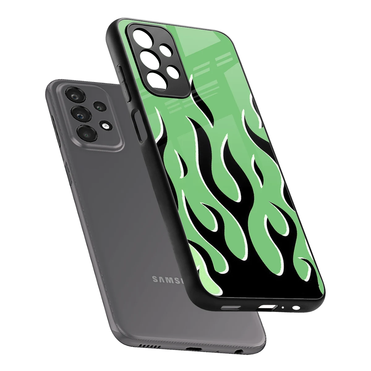 Y2K Retro Green Flames sleek samsung galaxy a23 cover with tempered glass back and TPU edges