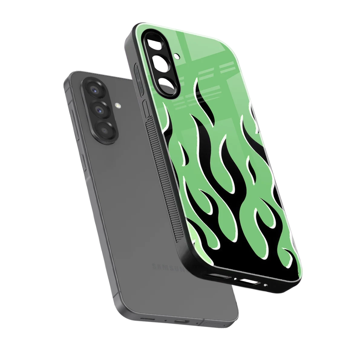 Y2K Retro Green Flames sleek samsung galaxy a36 5g cover with tempered glass back and TPU edges