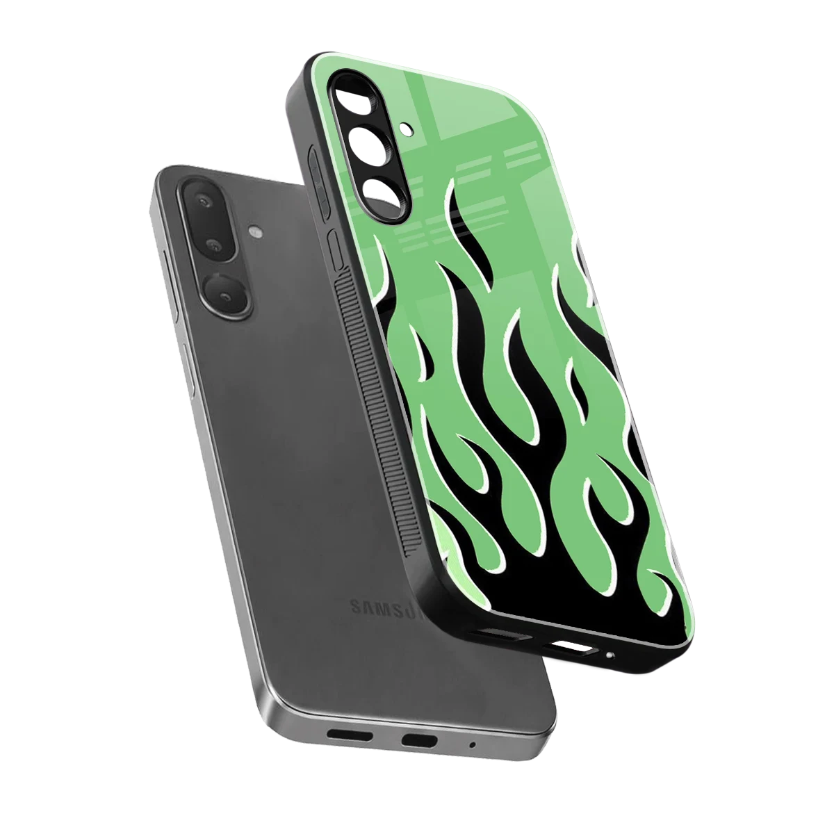 Y2K Retro Green Flames sleek samsung galaxy m56 5g cover with tempered glass back and TPU edges