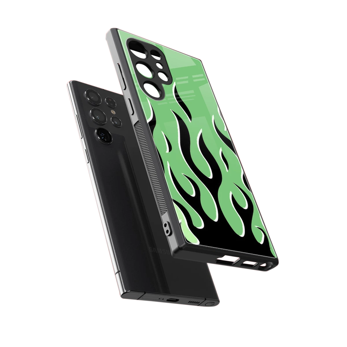 Y2K Retro Green Flames sleek samsung galaxy s24 ultra cover with tempered glass back and TPU edges