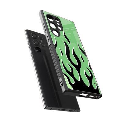 Y2K Retro Green Flames sleek samsung galaxy s24 ultra cover with tempered glass back and TPU edges