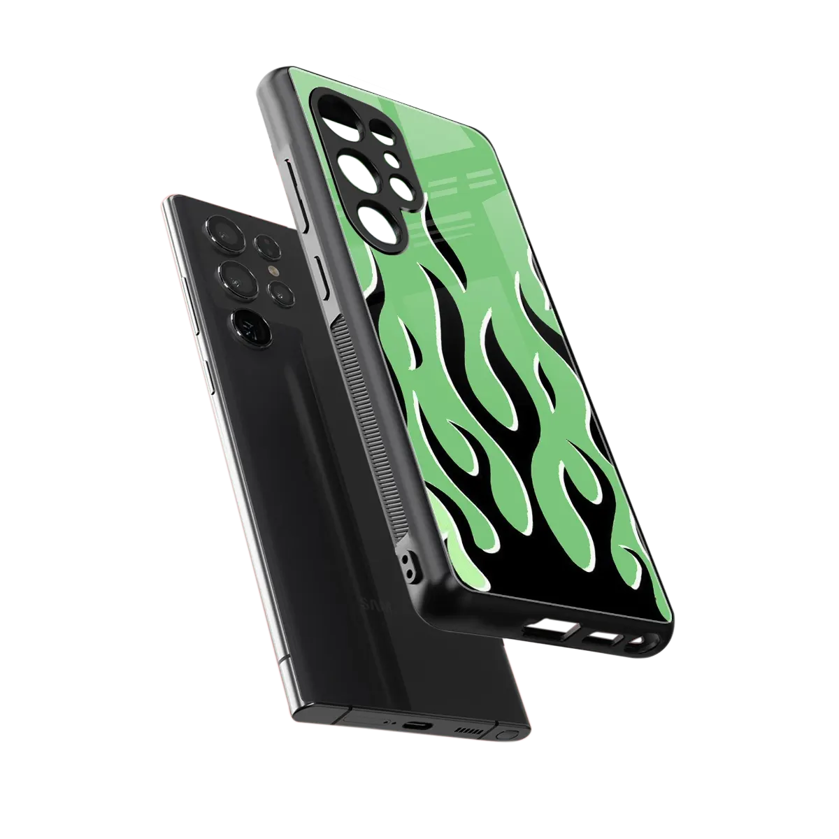 Y2K Retro Green Flames sleek samsung galaxy s25 ultra cover with tempered glass back and TPU edges