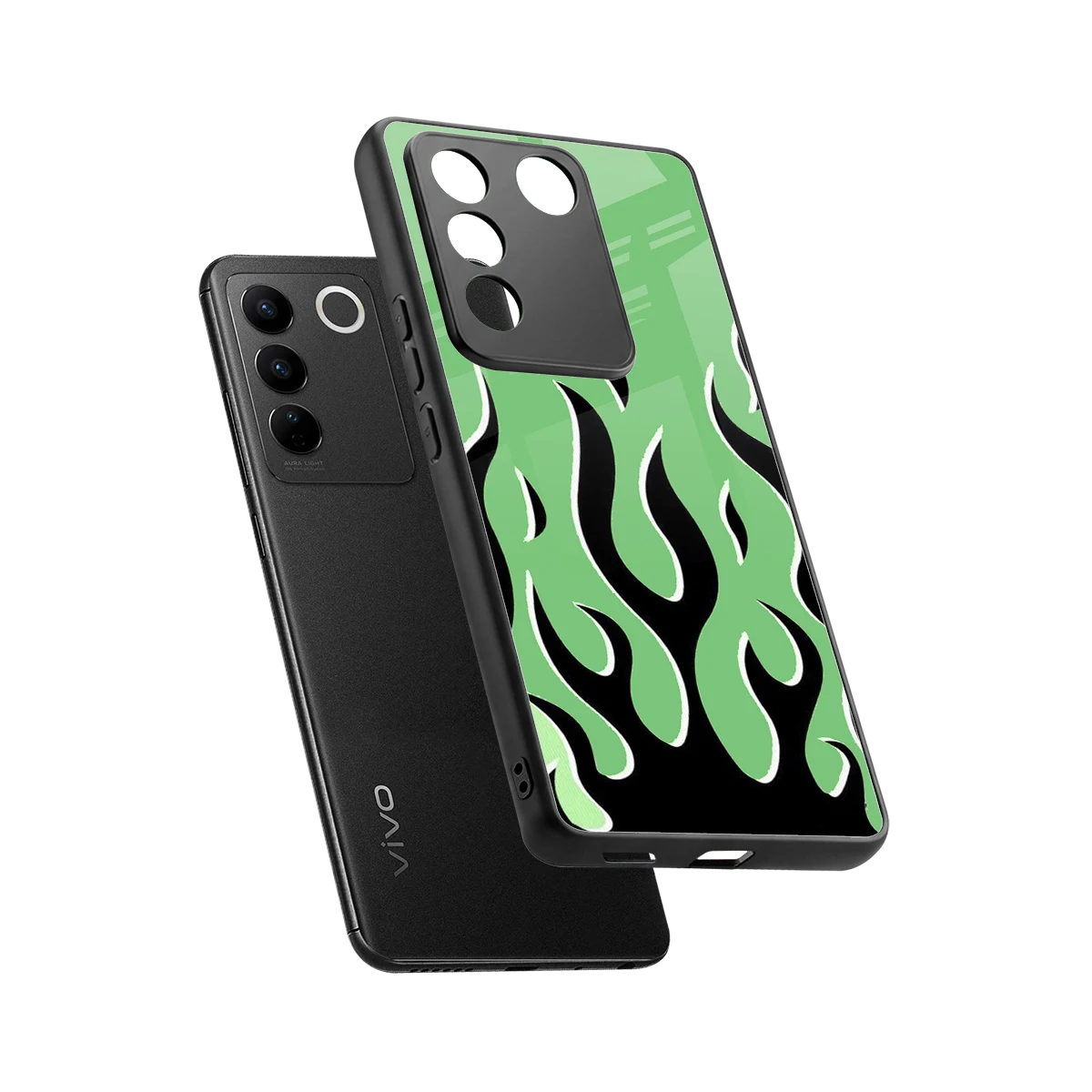 Y2K Retro Green Flames sleek vivo v27 5g cover with tempered glass back and TPU edges