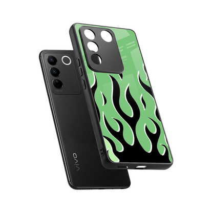 Y2K Retro Green Flames sleek vivo v27 5g cover with tempered glass back and TPU edges