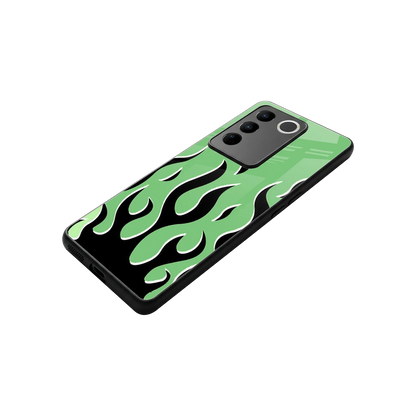 Y2K Retro Green Flames stylish phone case for vivo v27 5g | glossy glass and slim fit