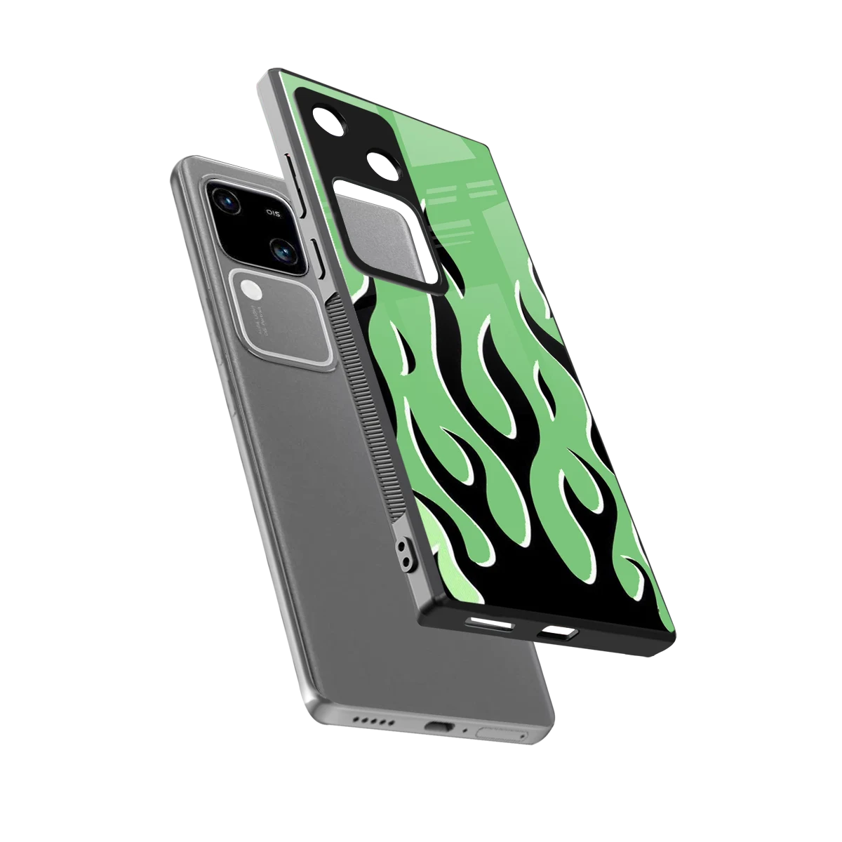 Y2K Retro Green Flames sleek vivo v30 cover with tempered glass back and TPU edges