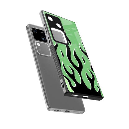 Y2K Retro Green Flames sleek vivo v30 cover with tempered glass back and TPU edges