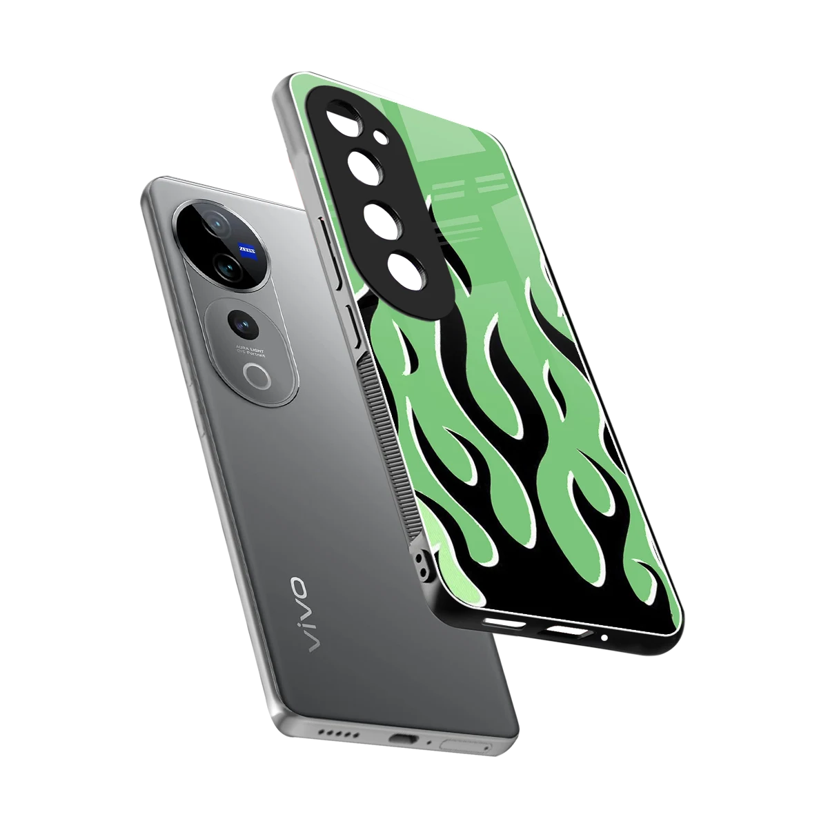 Y2K Retro Green Flames sleek vivo v40 pro cover with tempered glass back and TPU edges