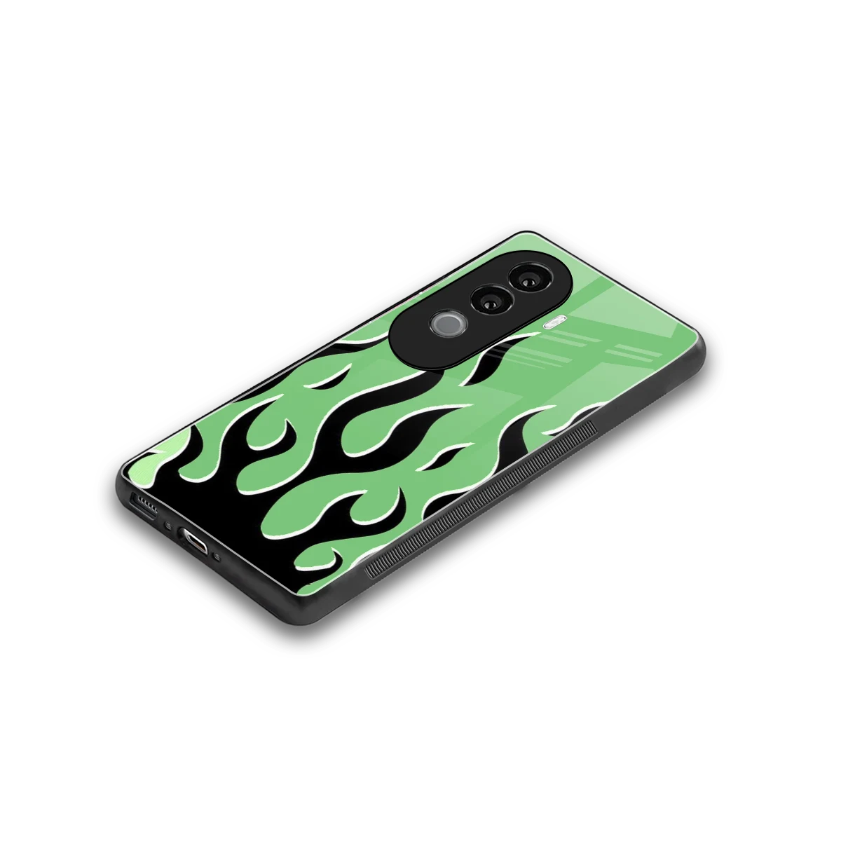 Y2K Retro Green Flames stylish phone case for vivo v40e | glossy glass and slim fit