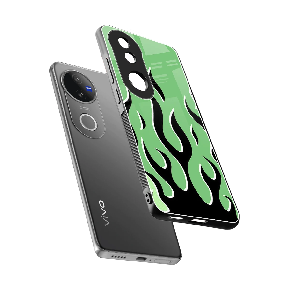 Y2K Retro Green Flames sleek vivo v50 cover with tempered glass back and TPU edges
