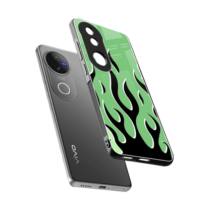 Y2K Retro Green Flames sleek vivo v50 cover with tempered glass back and TPU edges