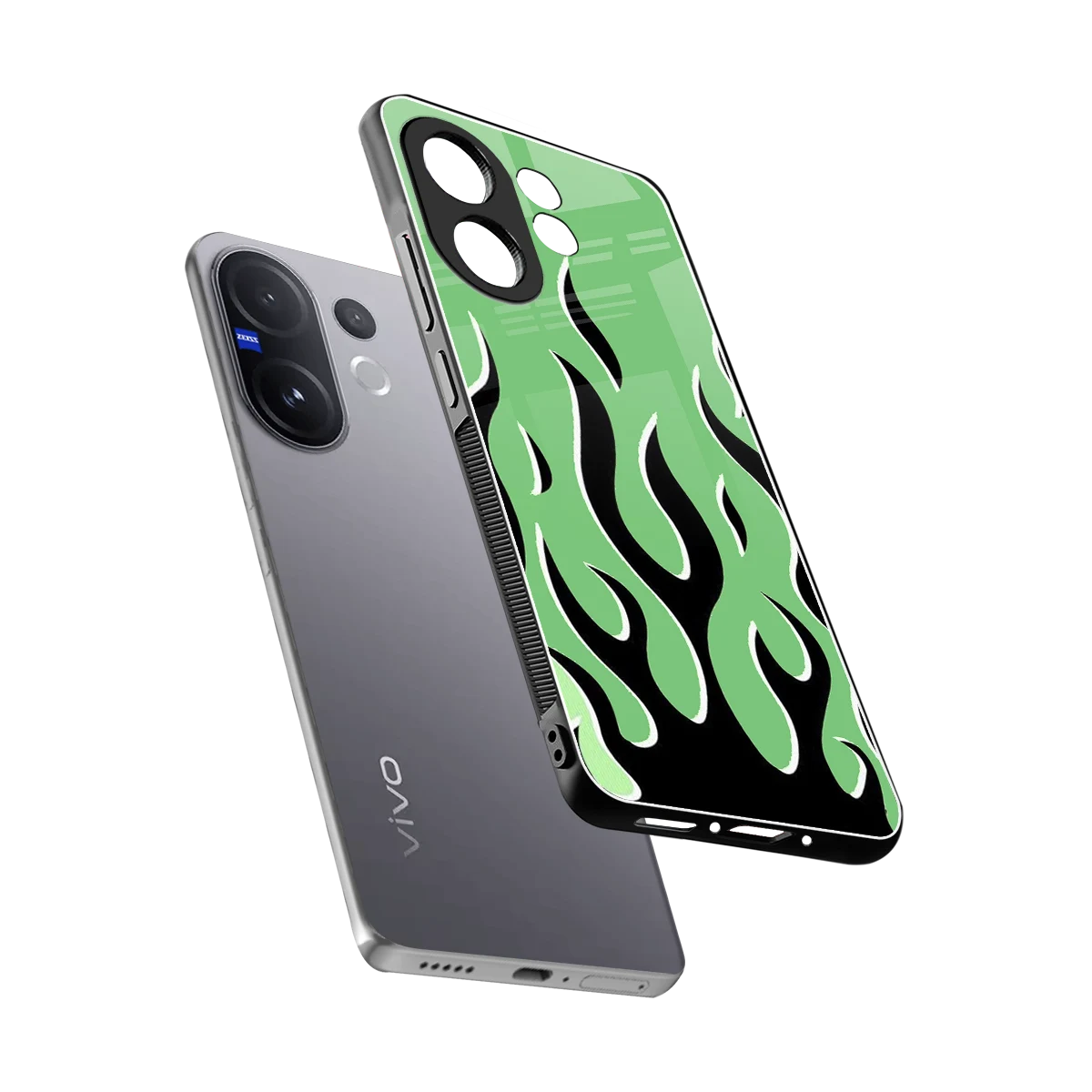 Y2K Retro Green Flames sleek vivo v60 cover with tempered glass back and TPU edges