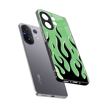 Y2K Retro Green Flames sleek vivo v60 cover with tempered glass back and TPU edges