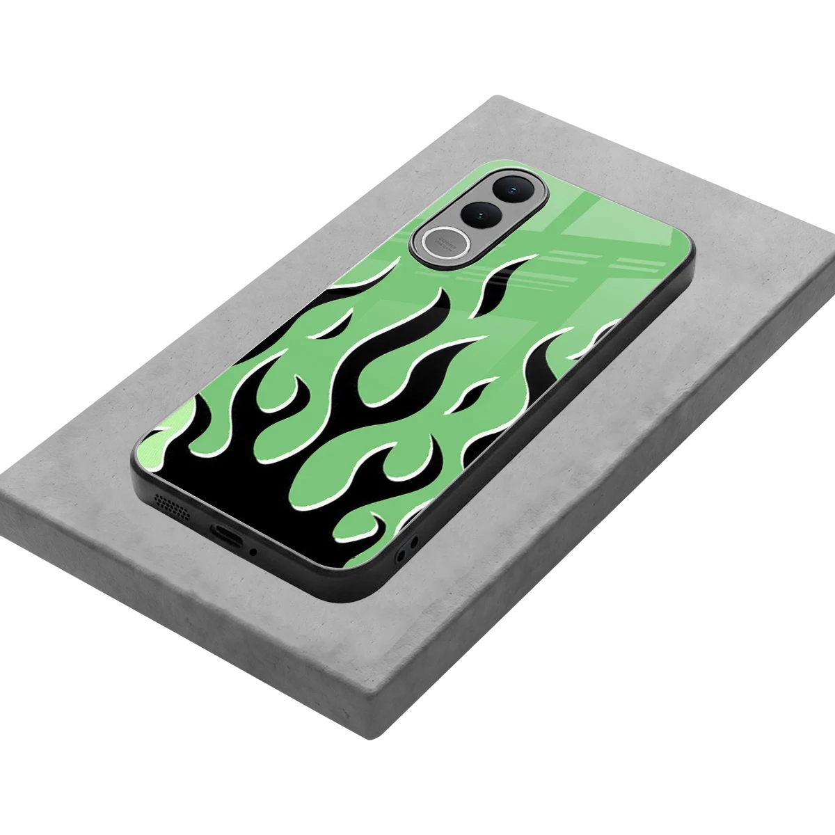 Y2K Retro Green Flames stylish phone case for vivo v70 fe | glossy glass and slim fit