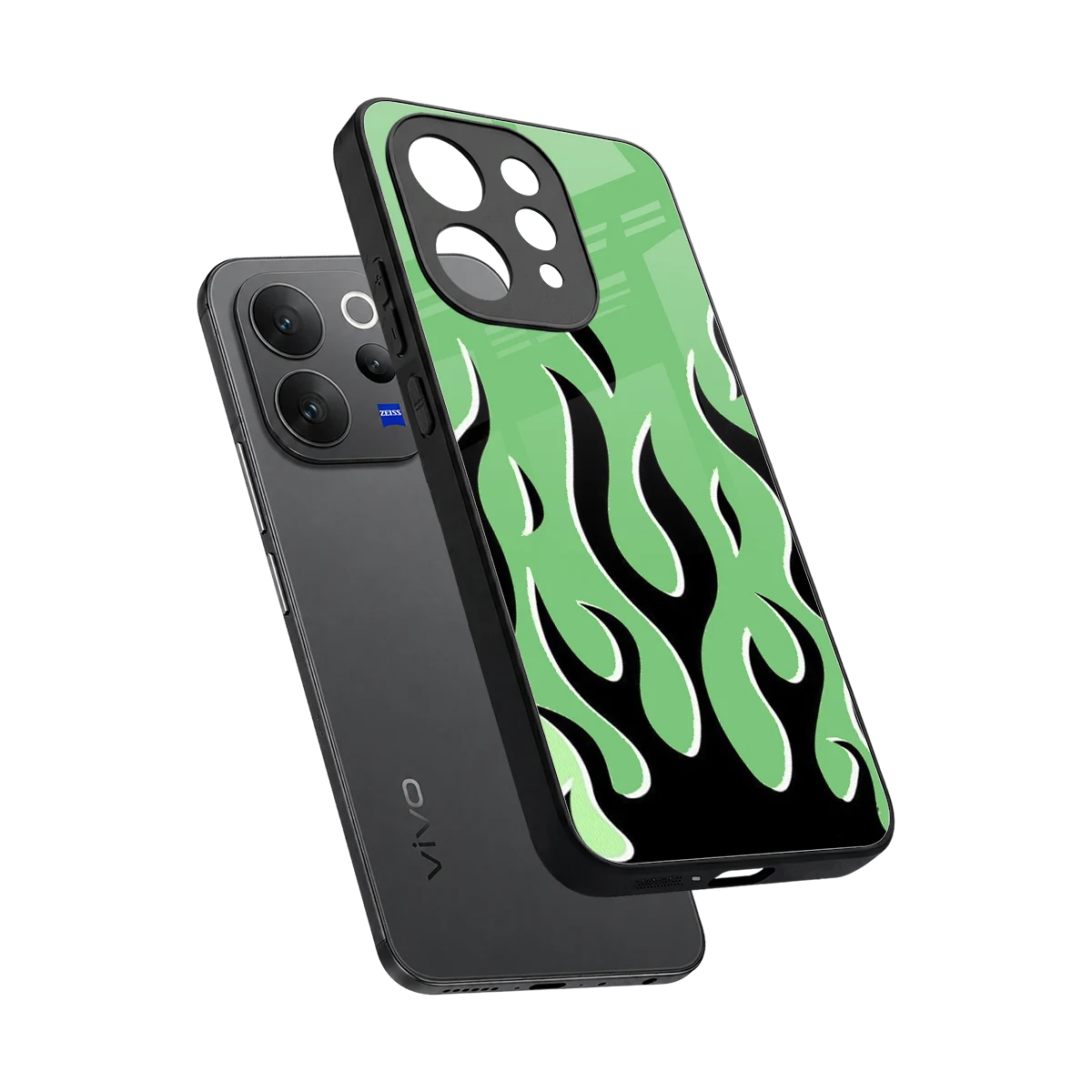 Y2K Retro Green Flames sleek vivo v70 cover with tempered glass back and TPU edges