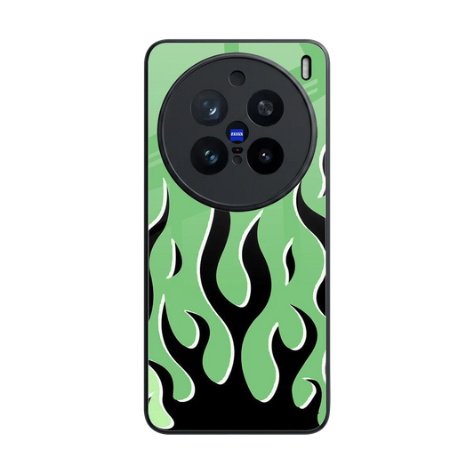 Y2K Retro Green Flames back phone cover | glass case for vivo x200 pro