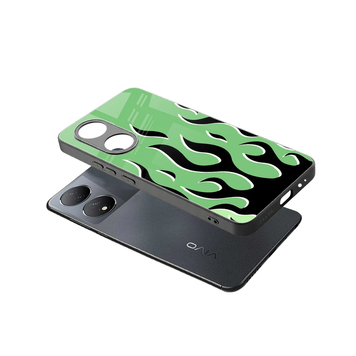Y2K Retro Green Flames sleek Vivo-y100 cover with tempered glass back and TPU edges