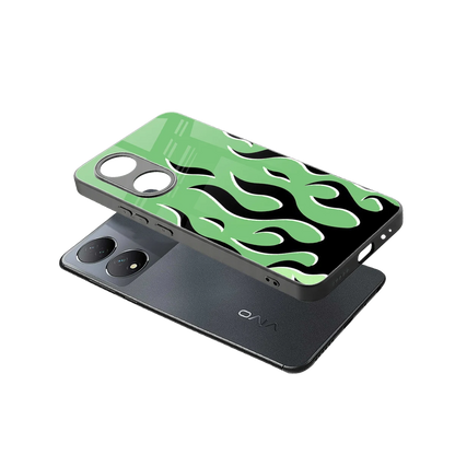 Y2K Retro Green Flames sleek Vivo-y100 cover with tempered glass back and TPU edges