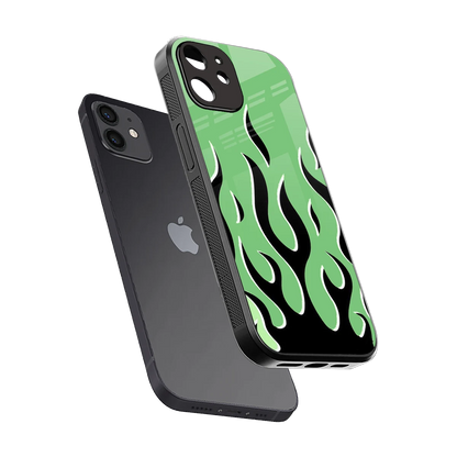 Y2K Retro Green Flames sleek iphone 11 cover with tempered glass back and TPU edges