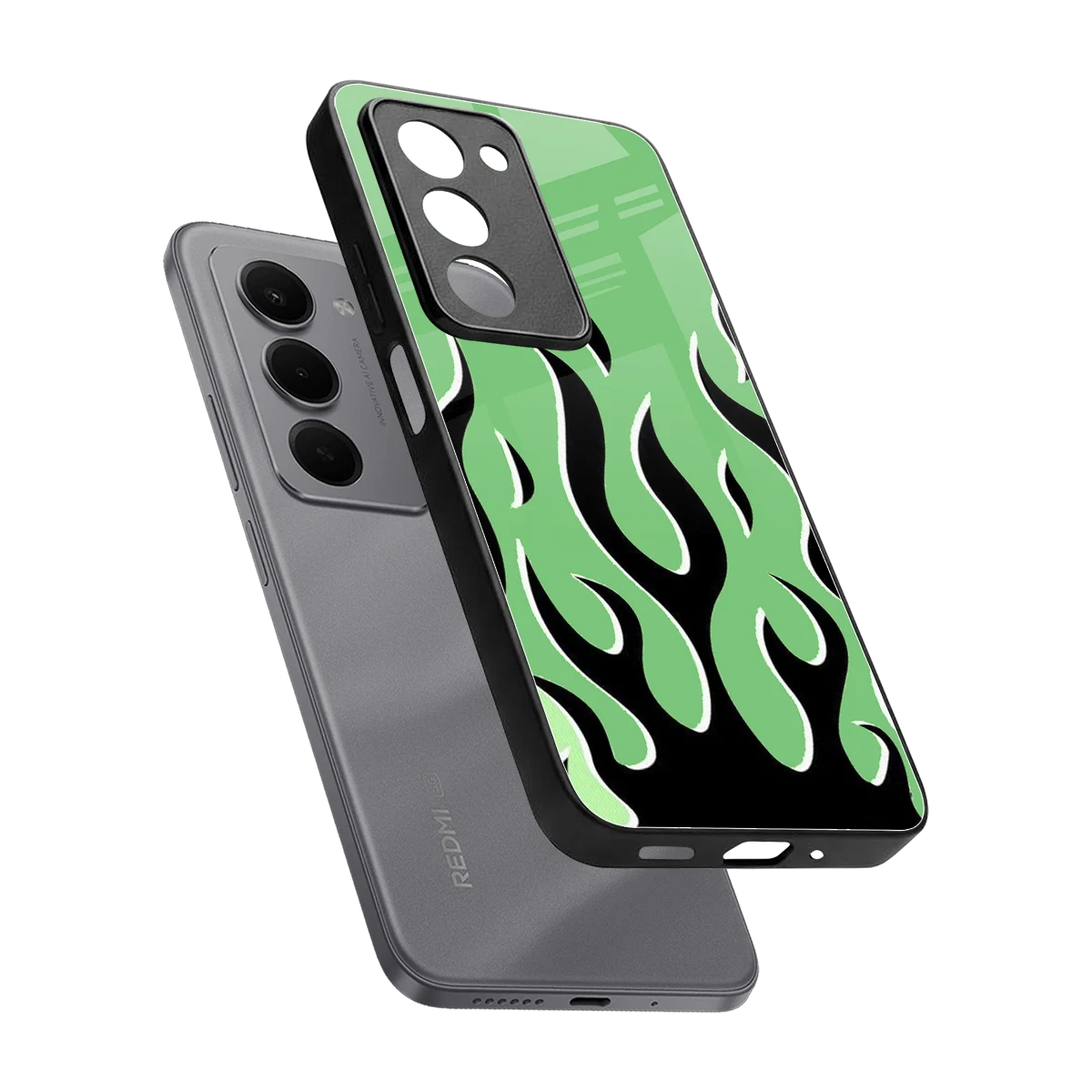 Y2K Retro Green Flames sleek redmi 15 5g cover with tempered glass back and TPU edges