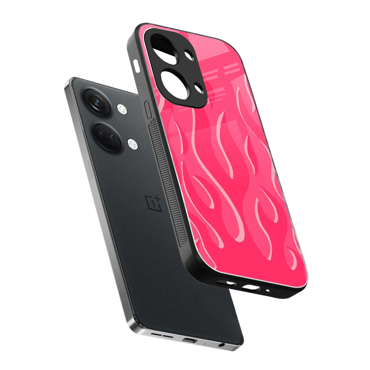 Y2K Retro Hot Pink Flames sleek oneplus nord 3 cover with tempered glass back and TPU edges