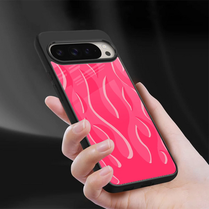 Y2K Retro Hot Pink Flames sleek google pixel 9 pro cover with tempered glass back and TPU edges