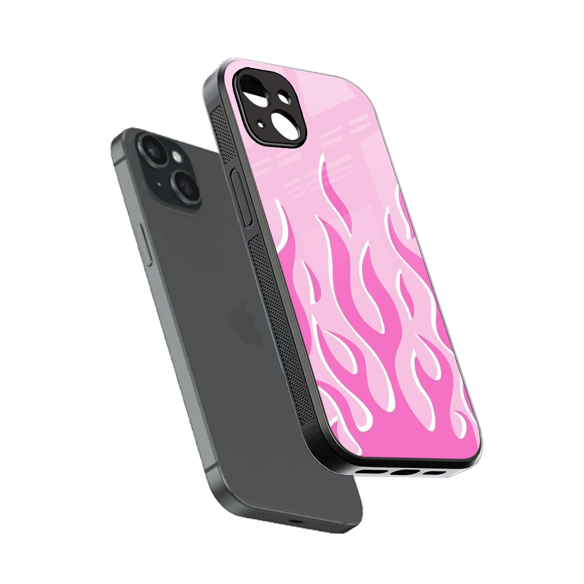 Y2K Retro Pink Flames sleek iphone 14 plus cover with tempered glass back and TPU edges