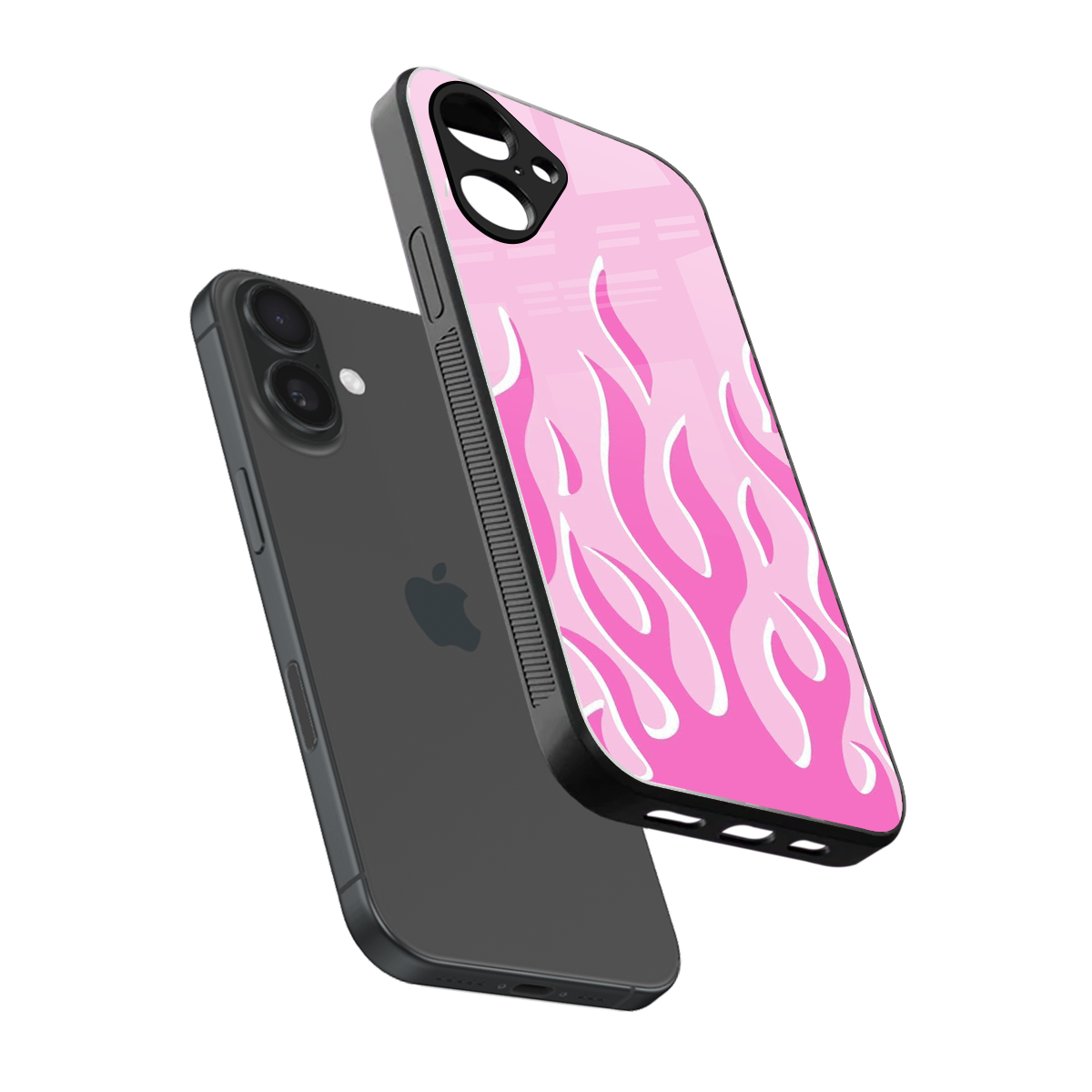 Y2K Retro Pink Flames sleek iPhone 16 cover with tempered glass back and TPU edges