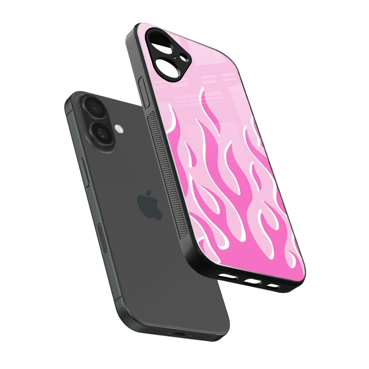 Y2K Retro Pink Flames sleek iPhone 16 cover with tempered glass back and TPU edges