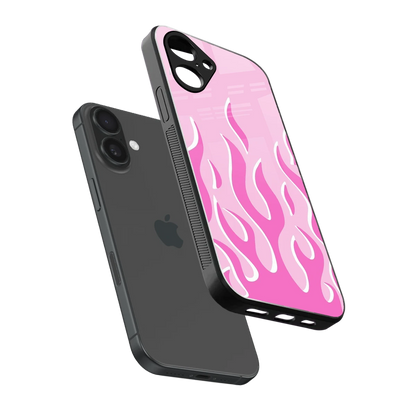 Y2K Retro Pink Flames sleek iPhone 16 cover with tempered glass back and TPU edges