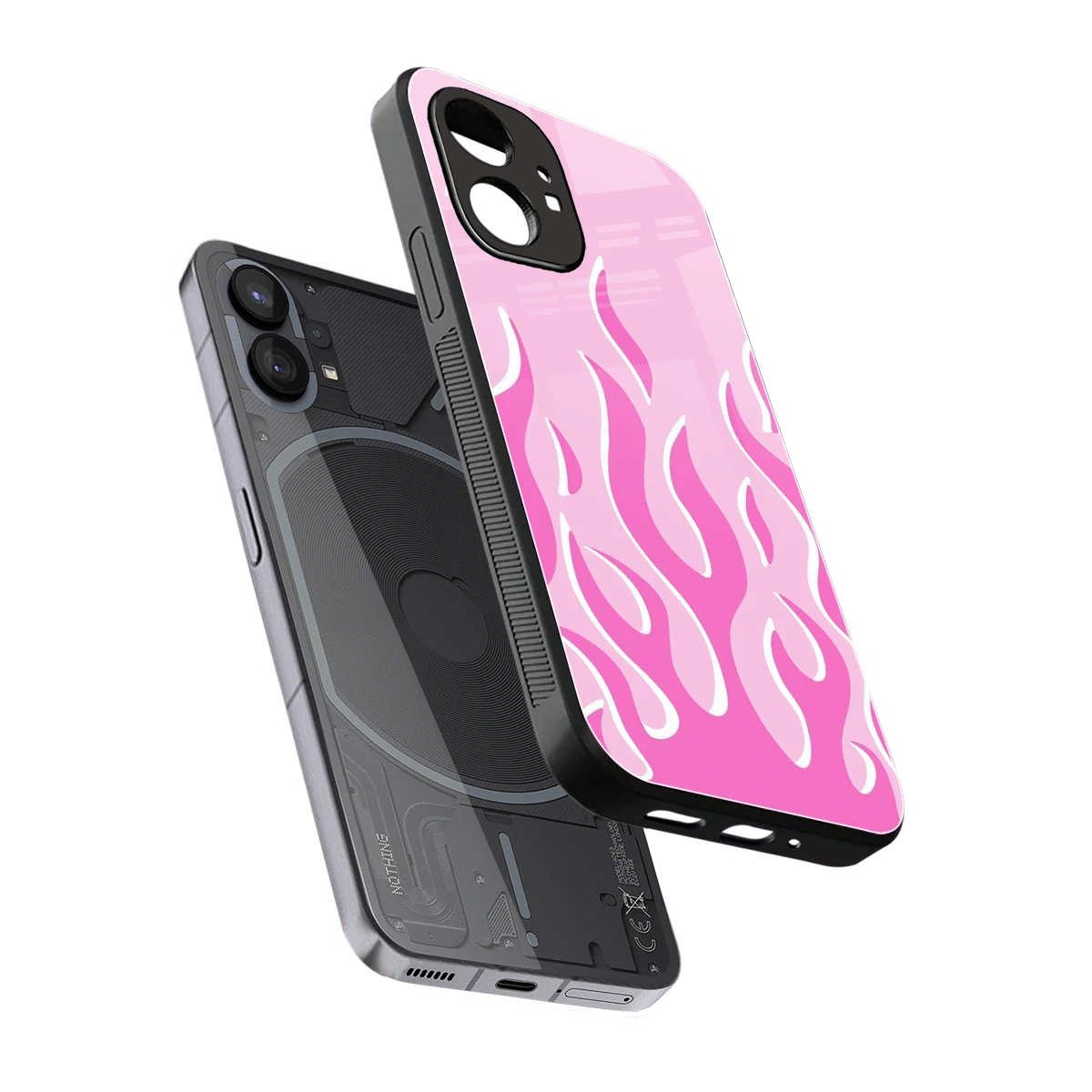 Y2K Retro Pink Flames sleek nothing phone 1 cover with tempered glass back and TPU edges