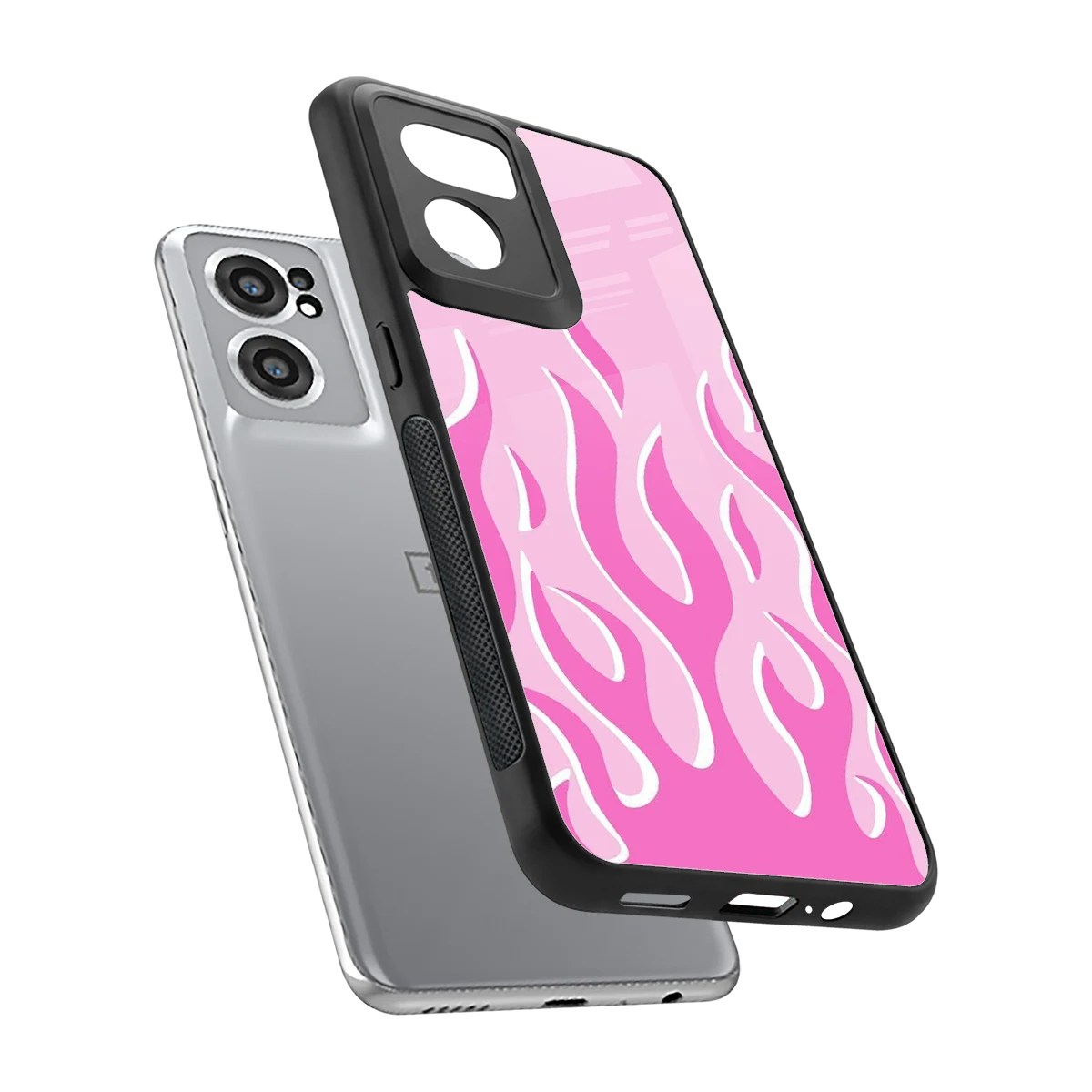 Y2K Retro Pink Flames sleek oneplus nord ce 2 cover with tempered glass back and TPU edges