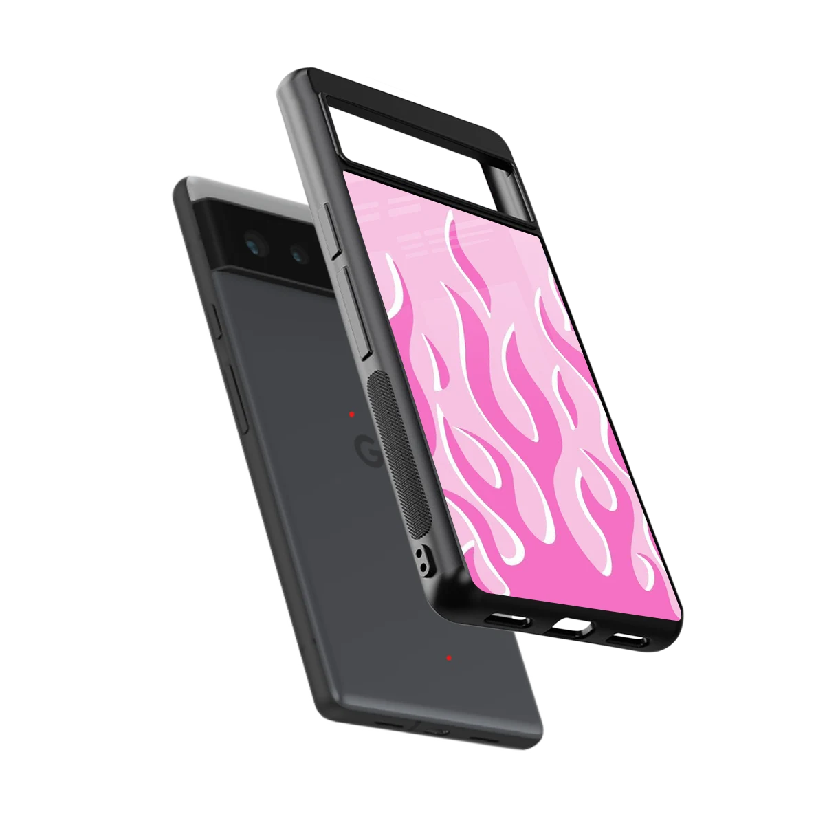 Y2K Retro Pink Flames sleek google pixel 6a cover with tempered glass back and TPU edges