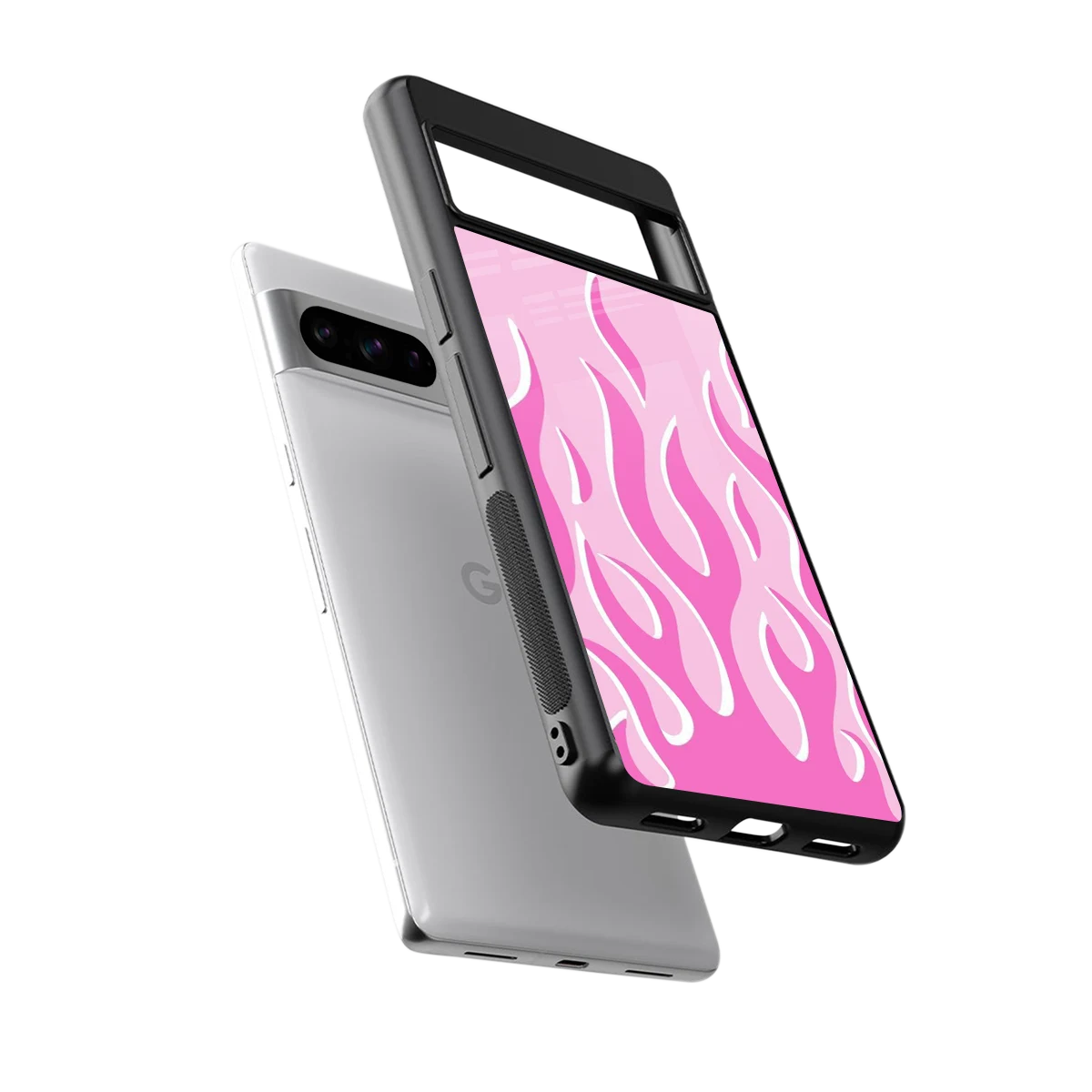 Y2K Retro Pink Flames sleek google pixel 8 pro cover with tempered glass back and TPU edges