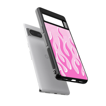 Y2K Retro Pink Flames sleek google pixel 8 cover with tempered glass back and TPU edges