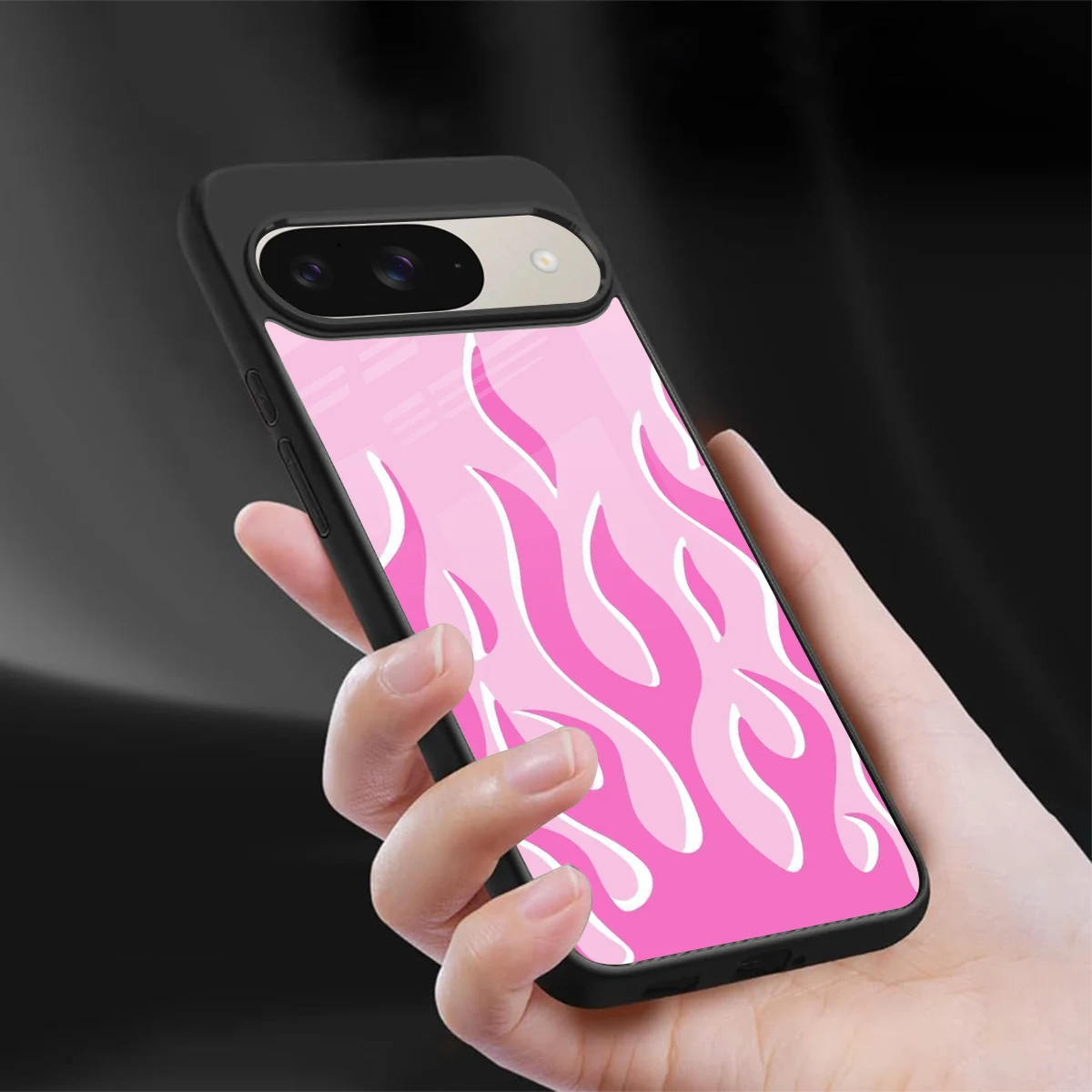Y2K Retro Pink Flames sleek google pixel 9 cover with tempered glass back and TPU edges