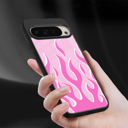 Y2K Retro Pink Flames sleek google pixel 9 pro cover with tempered glass back and TPU edges