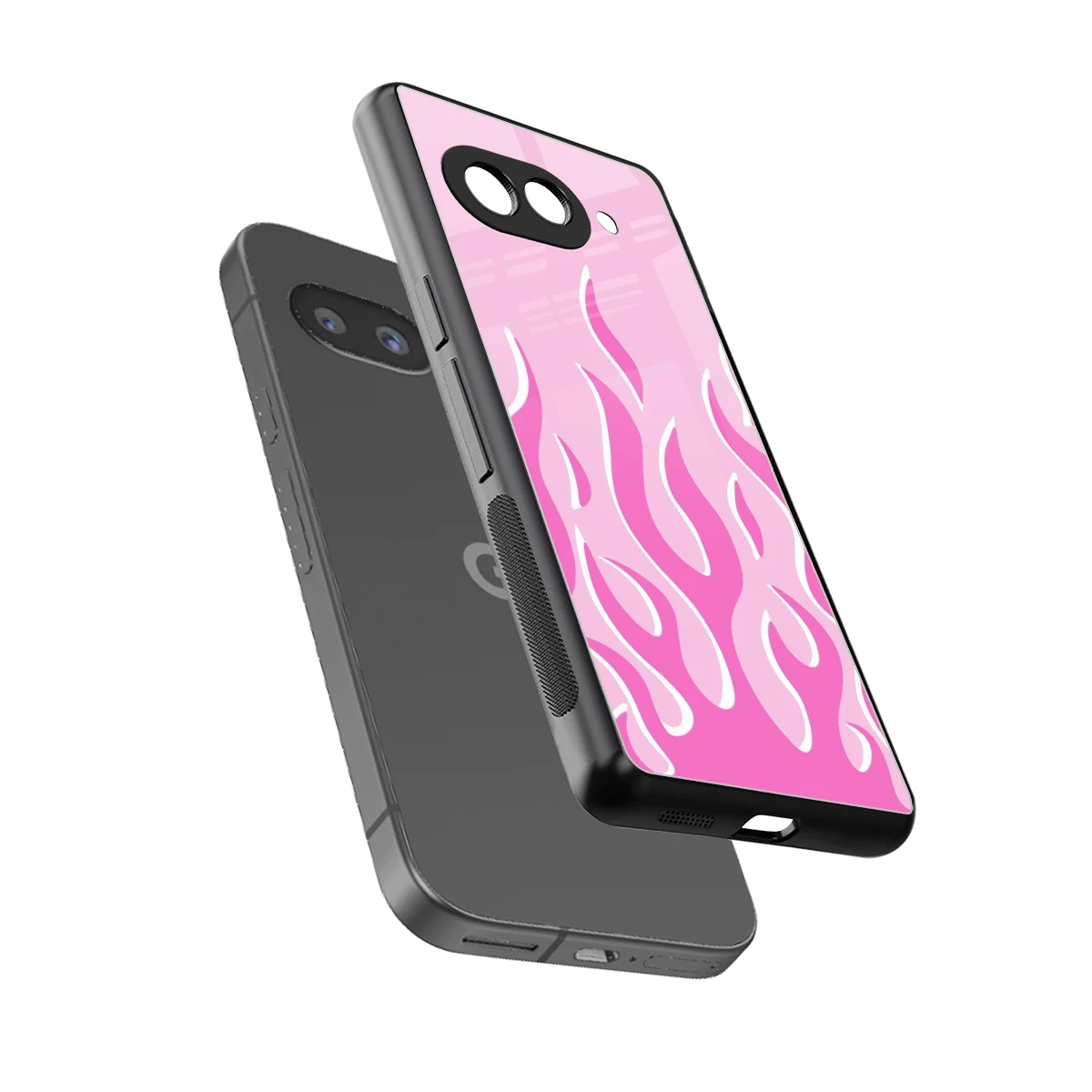 Y2K Retro Pink Flames sleek google pixel 10a cover with tempered glass back and TPU edges