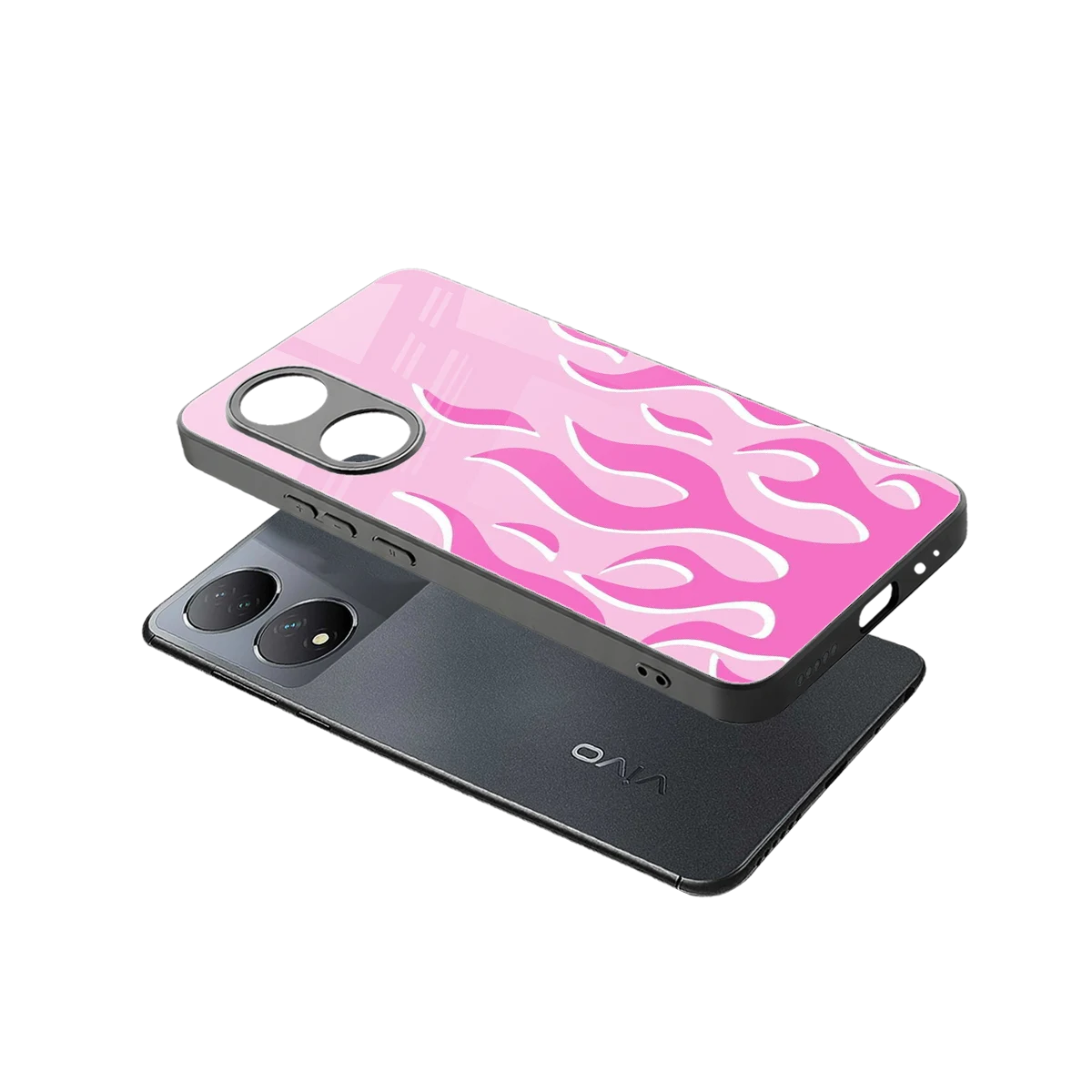 Y2K Retro Pink Flames sleek Vivo-y100 cover with tempered glass back and TPU edges