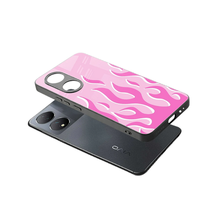 Y2K Retro Pink Flames sleek Vivo-y100 cover with tempered glass back and TPU edges