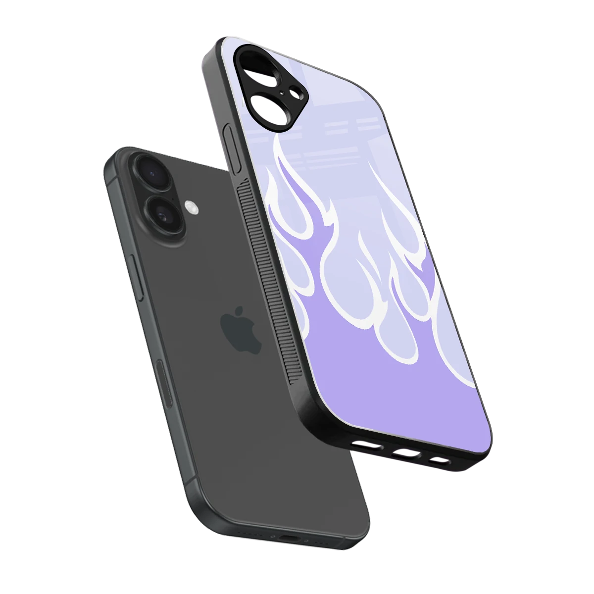Y2K Retro Purple Flames sleek iPhone 16 cover with tempered glass back and TPU edges