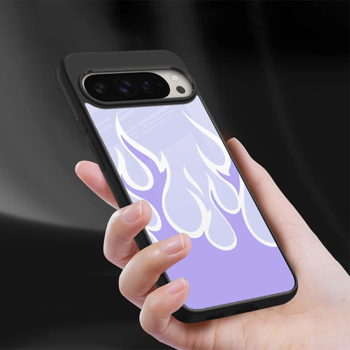 Y2K Retro Purple Flames sleek google pixel 9 pro cover with tempered glass back and TPU edges