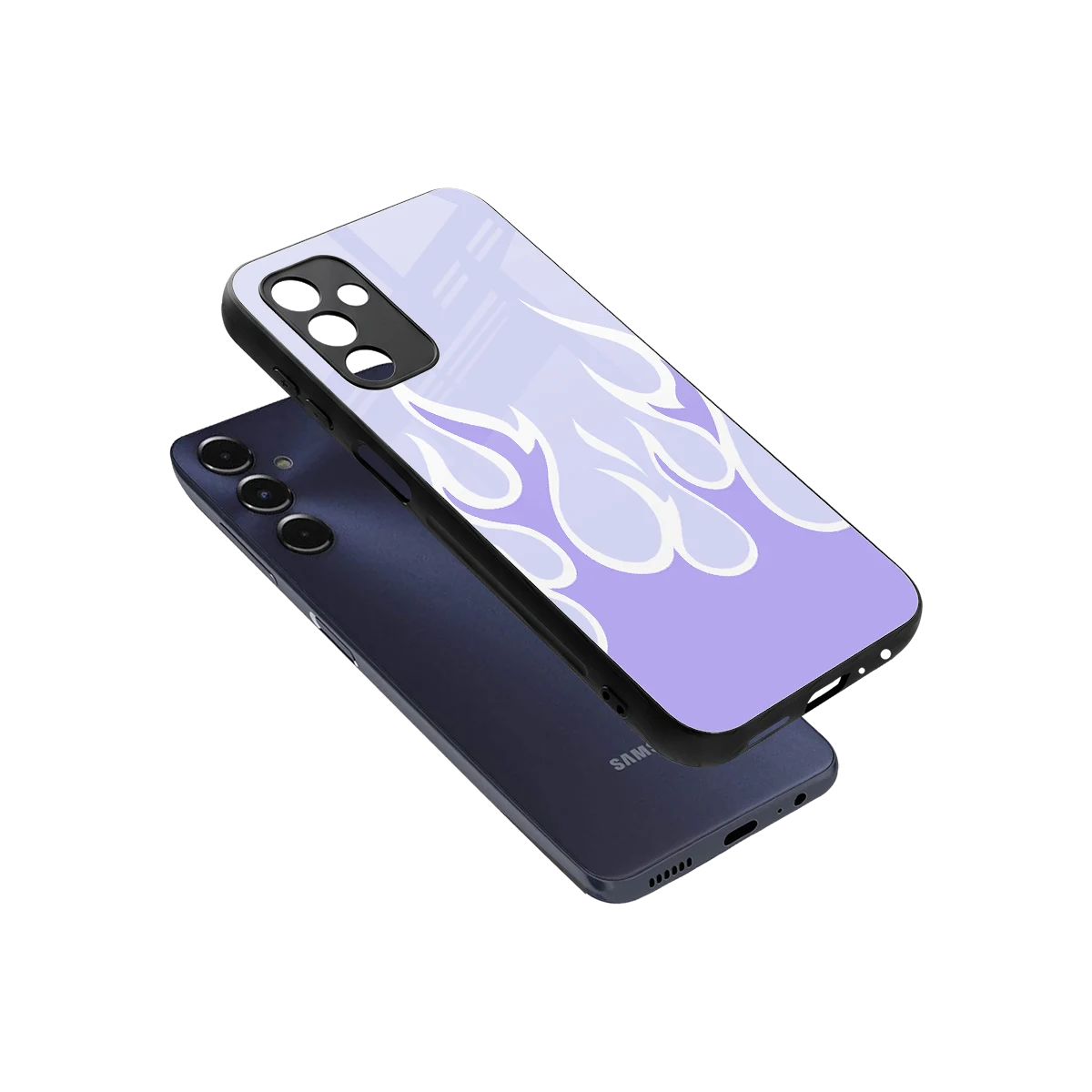 Y2K Retro Purple Flames sleek samsung galaxy m14 5g cover with tempered glass back and TPU edges