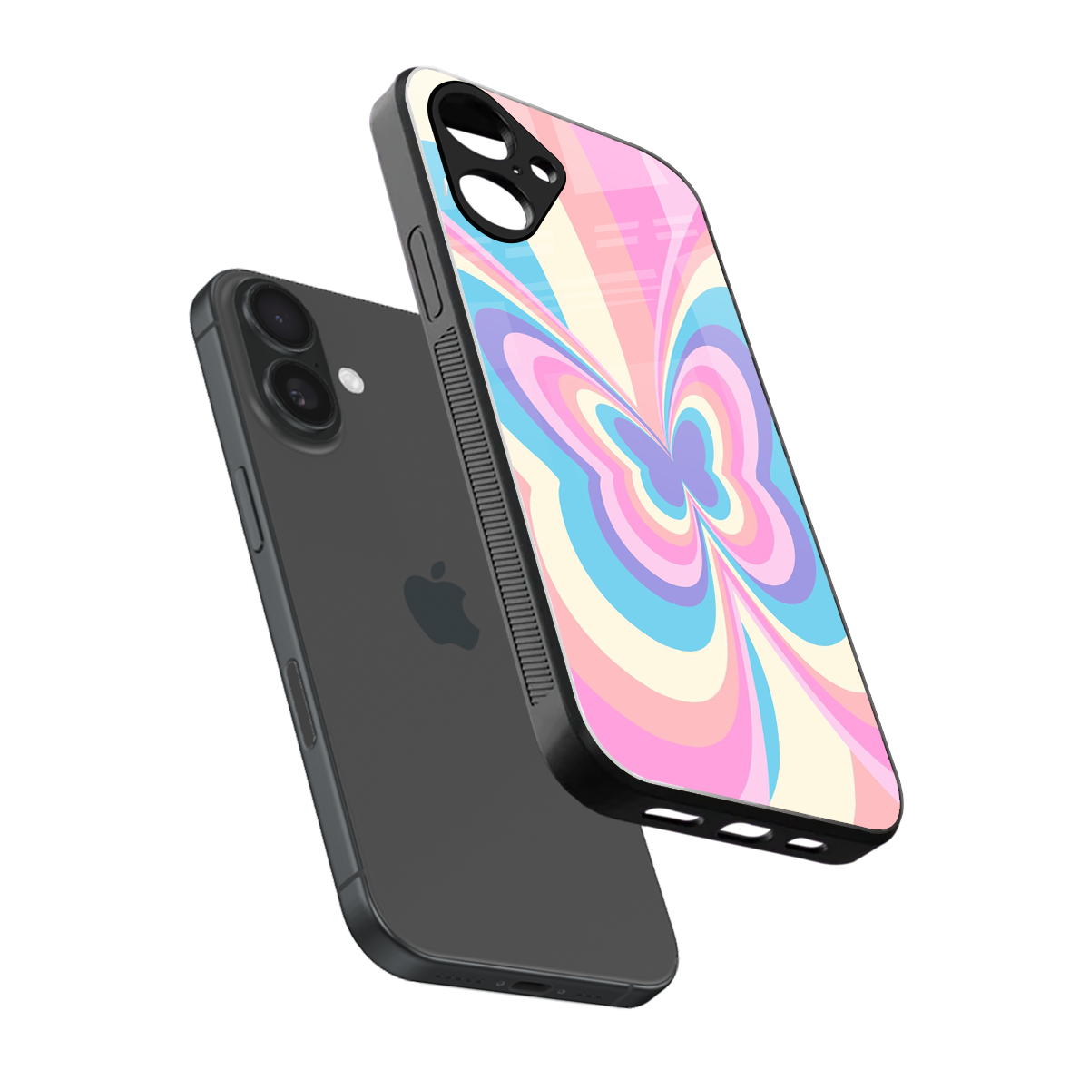 Y2K Vibrant Butterfly sleek iPhone 16 cover with tempered glass back and TPU edges