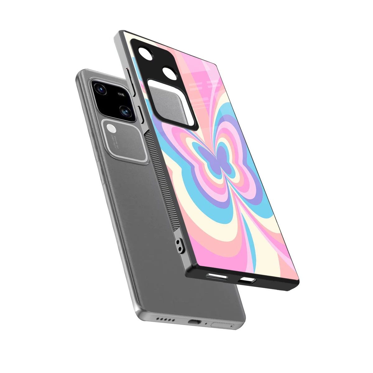 Y2K Vibrant Butterfly sleek vivo v30 cover with tempered glass back and TPU edges